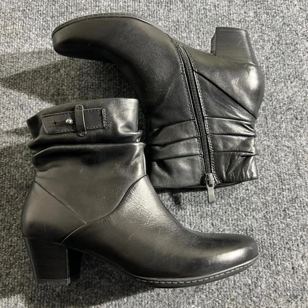 Earth Black Leather Pleated‎ Ankle Boots Womens 8.5 Side Zip Block Heel Shoes